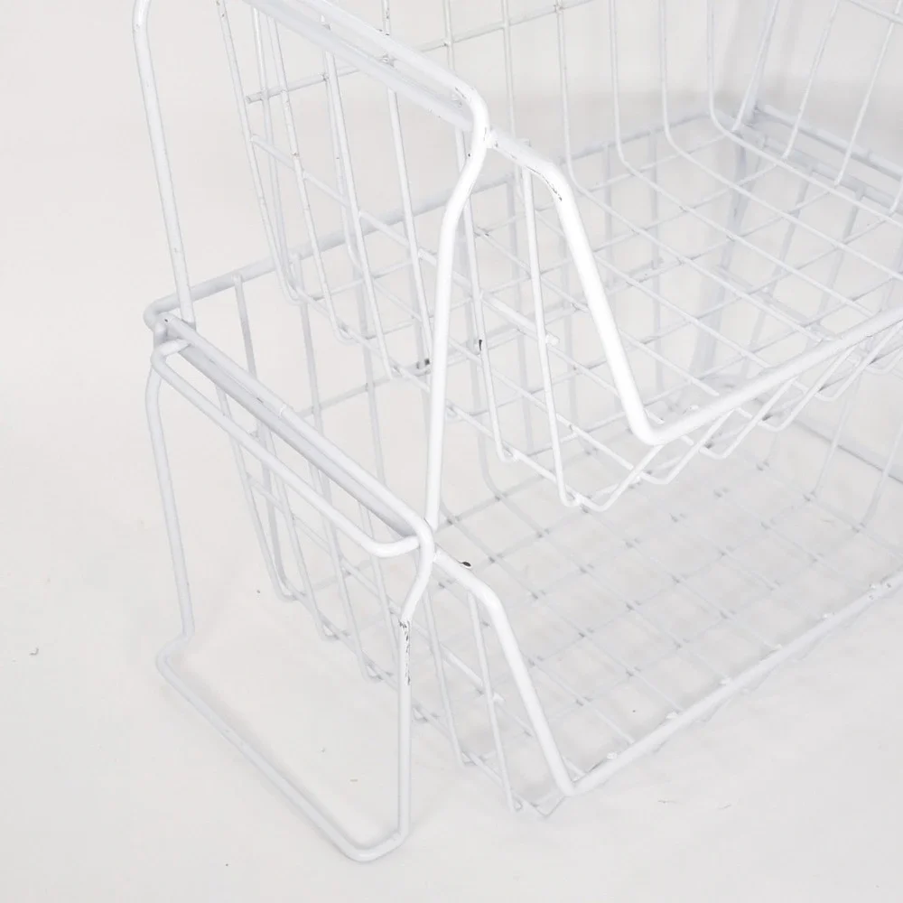 White Wire Stacking Baskets Set 2 Heavy Duty Metal Storage Organizer 18x13x8in